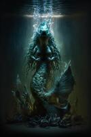 unheimlich Meerjungfrau voll Körper grimmig goomy Beleuchtung dunkel Bild generativ ai foto