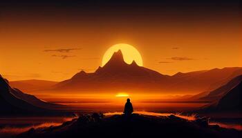 Mann meditieren auf ein riesig einfach silhouettiert Sonnenuntergang Bild generativ ai foto
