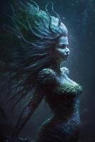 Meerjungfrau voll Körper grimmig goomy Beleuchtung dunkel gruselig Bild generativ ai foto