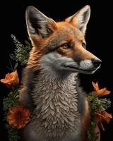 Orange Fuchs Porträt mit gren Blumen schwarz Hintergrund Bild generativ ai foto
