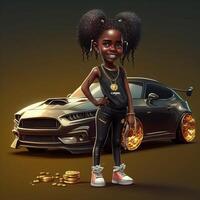 Karikatur Charakter schwarz cool Mädchen Stehen mit ihr Auto generativ ai foto