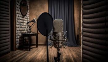 Foto Studio Mikrofon und Pop Schild auf mic im ein Studio generativ ai