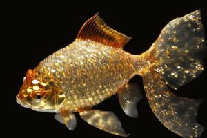 golden wellig Karpfen schwimmt im das wässrig Körper auf schwarz Hintergrund generativ ai foto