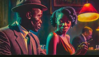 schwarz Mann und schwarz Frau spielen Jazz Musik- im ein Bar generativ ai foto