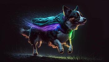 süß wenig Hund tragen Tücher von Neon- im das dunkel Nacht generativ ai foto
