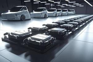 elektrisch Autos mit Pack von Batterie Zellen Modul auf Plattform im ein Reihe foto