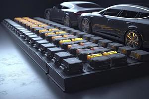 elektrisch Autos mit Pack von Batterie Zellen Modul auf Plattform im ein Reihe foto