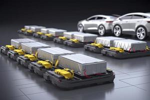 elektrisch Autos mit Pack von Batterie Zellen Modul auf Plattform im ein Reihe foto