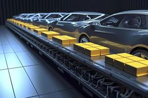 elektrisch Autos mit Pack von Batterie Zellen Modul auf Plattform im ein Reihe foto