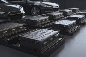 elektrisch Autos mit Pack von Batterie Zellen Modul auf Plattform im ein Reihe foto