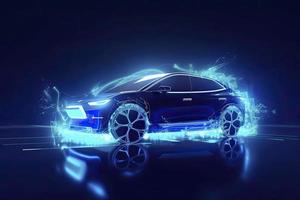 Elektroautos mit abstrakter Geschwindigkeit in der Abbildung werden Elektroautos mit elektrischer Energie betrieben. zukünftige energy.on blauem Hintergrund foto