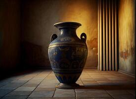 griechisch Amphora im das Zimmer. Jahrgang Schiff zum Wein und Olive Öl. ai generiert foto