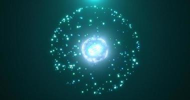 abstrakt runden Grün Kugel glühend Energie Magie Molekül mit Atome von Partikel und Punkte kosmisch. abstrakt Hintergrund foto