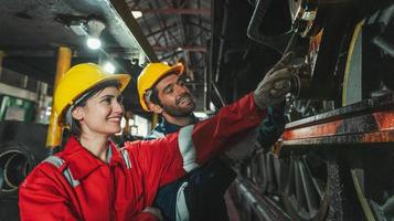 weiblich Ingenieur und Arbeiter Überprüfung Ausrüstung im Fabrik zum Reparatur foto