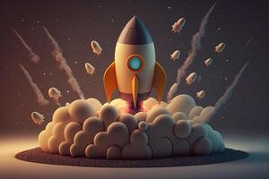 Karikatur Stil Rakete Starten mit klein Raketen auf Galaxis Hintergrund, Vorderseite Sicht. Konzept von Anfang Geschäft nehmen aus. generativ ai foto