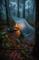 Wildnis Überleben. Bushcraft Zelt unter das Plane im schwer Regen, Umarmen das Ausruhen von Dämmerung. ein Szene von Ausdauer und Elastizität foto