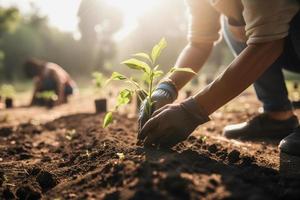 Pflanzen Bäume zum ein nachhaltig Zukunft. Gemeinschaft Garten und Umwelt Erhaltung - - fördern Lebensraum Wiederherstellung und Gemeinschaft Engagement auf Erde Tag foto