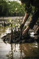 Wiederherstellen das Küste Gemeinschaft Engagement im Pflanzen Mangroven zum Umgebung Erhaltung und Lebensraum Wiederherstellung auf Erde Tag, fördern Nachhaltigkeit. Erde Tag foto