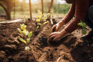 Pflanzen Bäume zum ein nachhaltig Zukunft. Gemeinschaft Garten und Umwelt Erhaltung - - fördern Lebensraum Wiederherstellung und Gemeinschaft Engagement auf Erde Tag foto