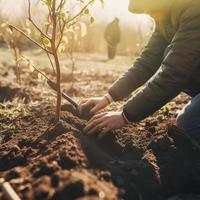 Pflanzen Bäume zum ein nachhaltig Zukunft. Gemeinschaft Garten und Umwelt Erhaltung - - fördern Lebensraum Wiederherstellung und Gemeinschaft Engagement auf Erde Tag foto