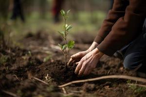 Pflanzen Bäume zum ein nachhaltig Zukunft. Gemeinschaft Garten und Umwelt Erhaltung - - fördern Lebensraum Wiederherstellung und Gemeinschaft Engagement auf Erde Tag foto