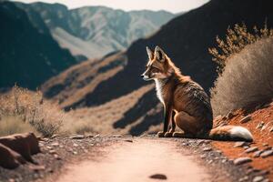 Sitzung wild rot Fuchs auf das Straße zum Touristen hoch im das Berge, Illustration mit Kopieren Raum. ai generiert foto