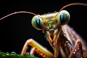 sehr schließen und detailliert Makro Porträt von ein beten Gottesanbeterin gegen ein dunkel Hintergrund. ai generiert foto