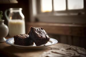 köstlich hausgemacht Schokolade Brownie im Weiß Keramik Teller auf rustikal hölzern Tisch. ai generiert. selektiv Fokus foto