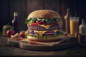 lecker hausgemacht Hamburger auf rustikal hölzern Tisch. Kopieren Raum. Werbung. ai generiert. schnell Essen Snack foto