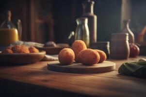 köstlich hausgemacht Kroketten auf hölzern Tabelle im rustikal Küche Hintergrund. ai generiert foto
