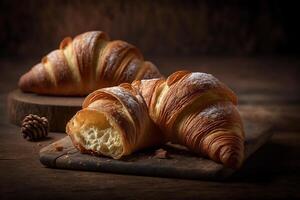 köstlich hausgemacht Croissants auf rustikal hölzern Küche Tisch. ai generiert foto