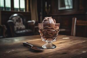 Gourmet Schokolade Eis Sahne im Glas Schüssel auf Eis Sahne Salon Tisch. rustikal Holz. ai generiert. gefroren Dessert foto