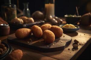 köstlich hausgemacht Kroketten auf hölzern Tabelle im rustikal Küche Hintergrund. ai generiert foto