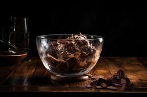 Gourmet Schokolade Eis Sahne im Glas Schüssel auf Eis Sahne Salon Tisch. rustikal Holz. ai generiert. gefroren Dessert foto