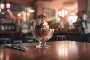 Gourmet Schokolade Eis Sahne im Glas Schüssel auf Eis Sahne Salon Tisch. rustikal Holz. ai generiert. gefroren Dessert foto