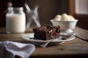 köstlich hausgemacht Schokolade Brownie im Weiß Keramik Teller auf rustikal hölzern Tisch. ai generiert. selektiv Fokus foto