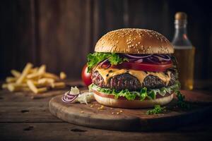 lecker hausgemacht Hamburger auf rustikal hölzern Tisch. Kopieren Raum. Werbung. ai generiert. schnell Essen Snack foto