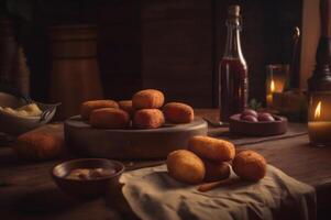 köstlich hausgemacht Kroketten auf hölzern Tabelle im rustikal Küche Hintergrund. ai generiert foto