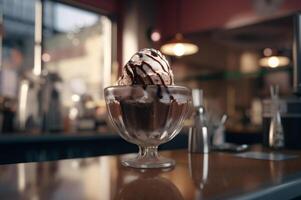 Gourmet Schokolade Eis Sahne im Glas Schüssel auf Eis Sahne Salon Tisch. rustikal Holz. ai generiert. gefroren Dessert foto