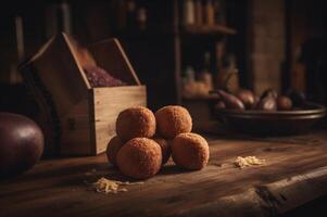 köstlich hausgemacht Kroketten auf hölzern Tabelle im rustikal Küche Hintergrund. ai generiert foto