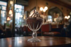 Gourmet Schokolade Eis Sahne im Glas Schüssel auf Eis Sahne Salon Tisch. rustikal Holz. ai generiert. gefroren Dessert foto