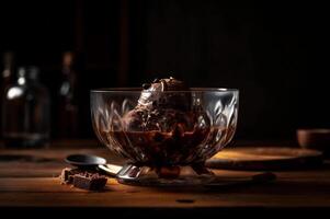 Gourmet Schokolade Eis Sahne im Glas Schüssel auf Eis Sahne Salon Tisch. rustikal Holz. ai generiert. gefroren Dessert foto