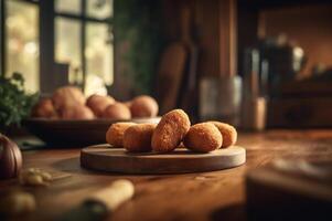 köstlich hausgemacht Kroketten auf hölzern Tabelle im rustikal Küche Hintergrund. ai generiert foto