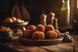 köstlich hausgemacht Kroketten auf hölzern Tabelle im rustikal Küche Hintergrund. ai generiert foto