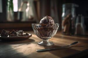 Gourmet Schokolade Eis Sahne im Glas Schüssel auf Eis Sahne Salon Tisch. rustikal Holz. ai generiert. gefroren Dessert foto