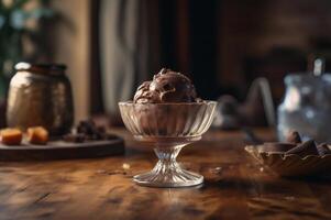 Gourmet Schokolade Eis Sahne im Glas Schüssel auf Eis Sahne Salon Tisch. rustikal Holz. ai generiert. gefroren Dessert foto