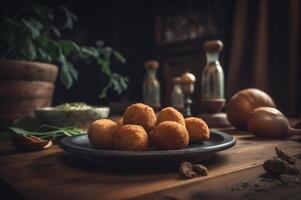 köstlich hausgemacht Kroketten auf hölzern Tabelle im rustikal Küche Hintergrund. ai generiert foto