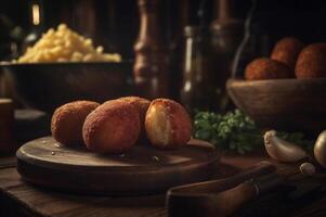 köstlich hausgemacht Kroketten auf hölzern Tabelle im rustikal Küche Hintergrund. ai generiert foto