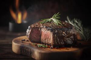 saftig gegrillt Steak mit Kräuter und Gewürze auf rustikal Schneiden Tafel. Grill. ai generiert foto