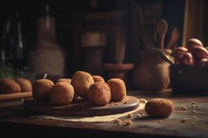 köstlich hausgemacht Kroketten auf hölzern Tabelle im rustikal Küche Hintergrund. ai generiert foto